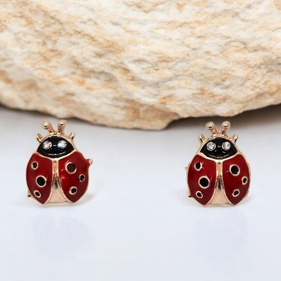 Red Ladybug Stud Earrings Gold-tone Pierced Ears Rhinestone Good Luck Lady Bug - Picture 1 of 2